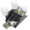 A brake master cylinder assembly with dual reservoirs labeled "front" and "rear," connected to a metal bracket with electrical wiring visible.